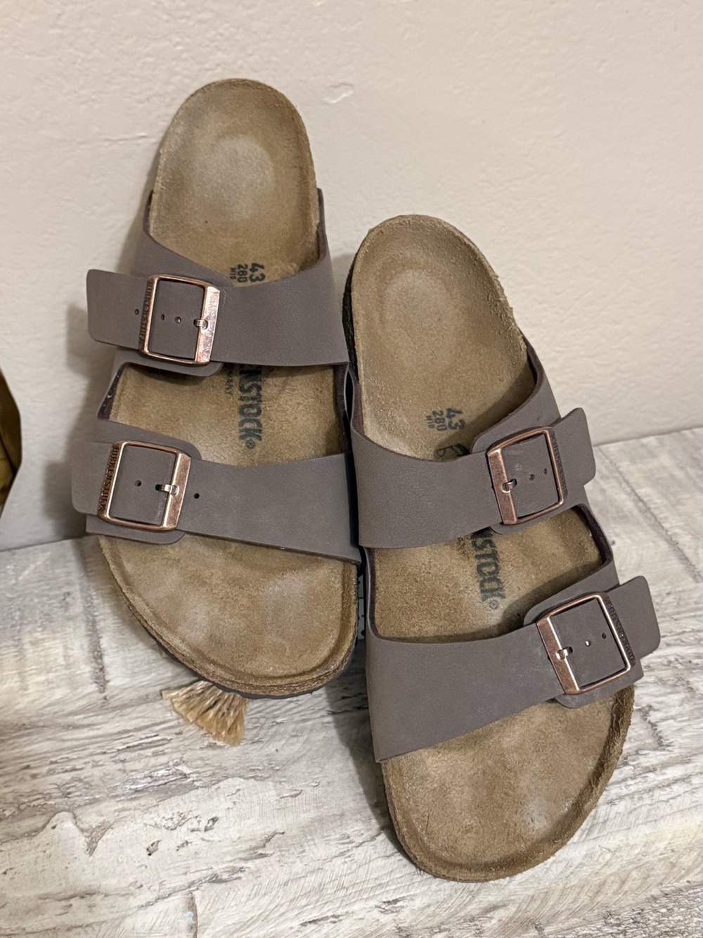 Birkenstock Taupe Three-Strap Sandals with Rose Gold Buckles